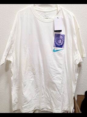 Nike White Short-Sleeve Tee with Teal Swoosh and Purple Graphic